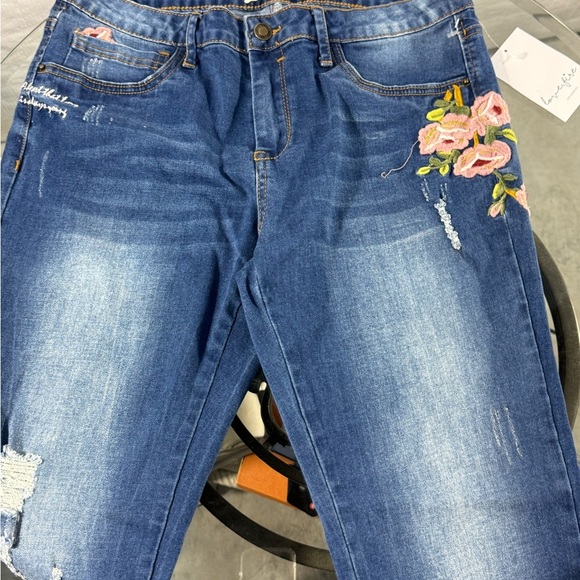 Angel Kiss Blue and Pink Straight Leg Pants with Floral Embroidery - Picture 1 of 5